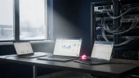Anonymous Canadian office with a security dashboard on a laptop, navy and pink accents, symbolizing Huntress review insights.