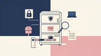 Flat vector filing cabinet checklist metaphor for cyber insurance requirements Canada, in navy, pink, and cream.