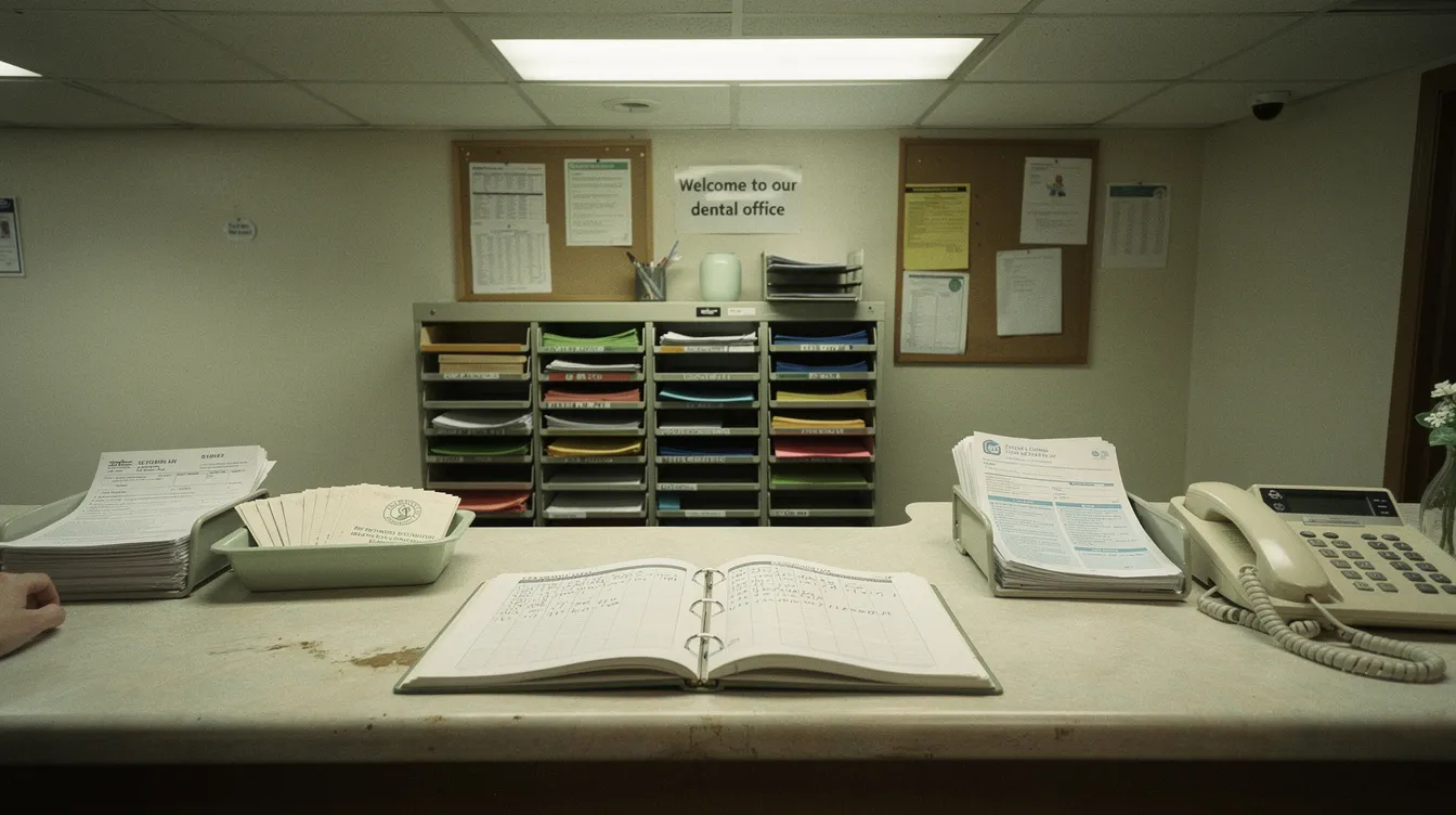 Dental office front desk with an open appointment book, recall reminder cards, and insurance claim forms in paper trays