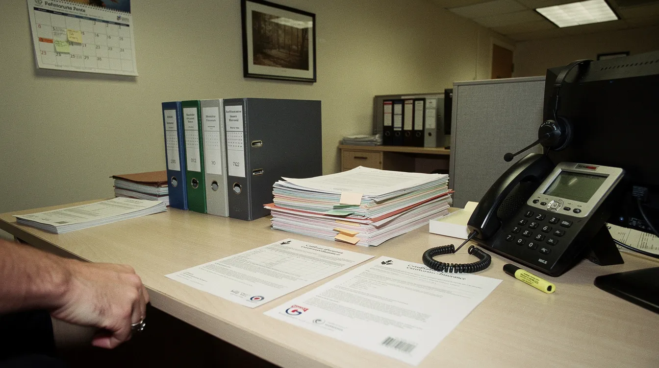 Insurance brokerage desk with policy binders, stacked renewal folders, certificate forms, and a desk phone with headset