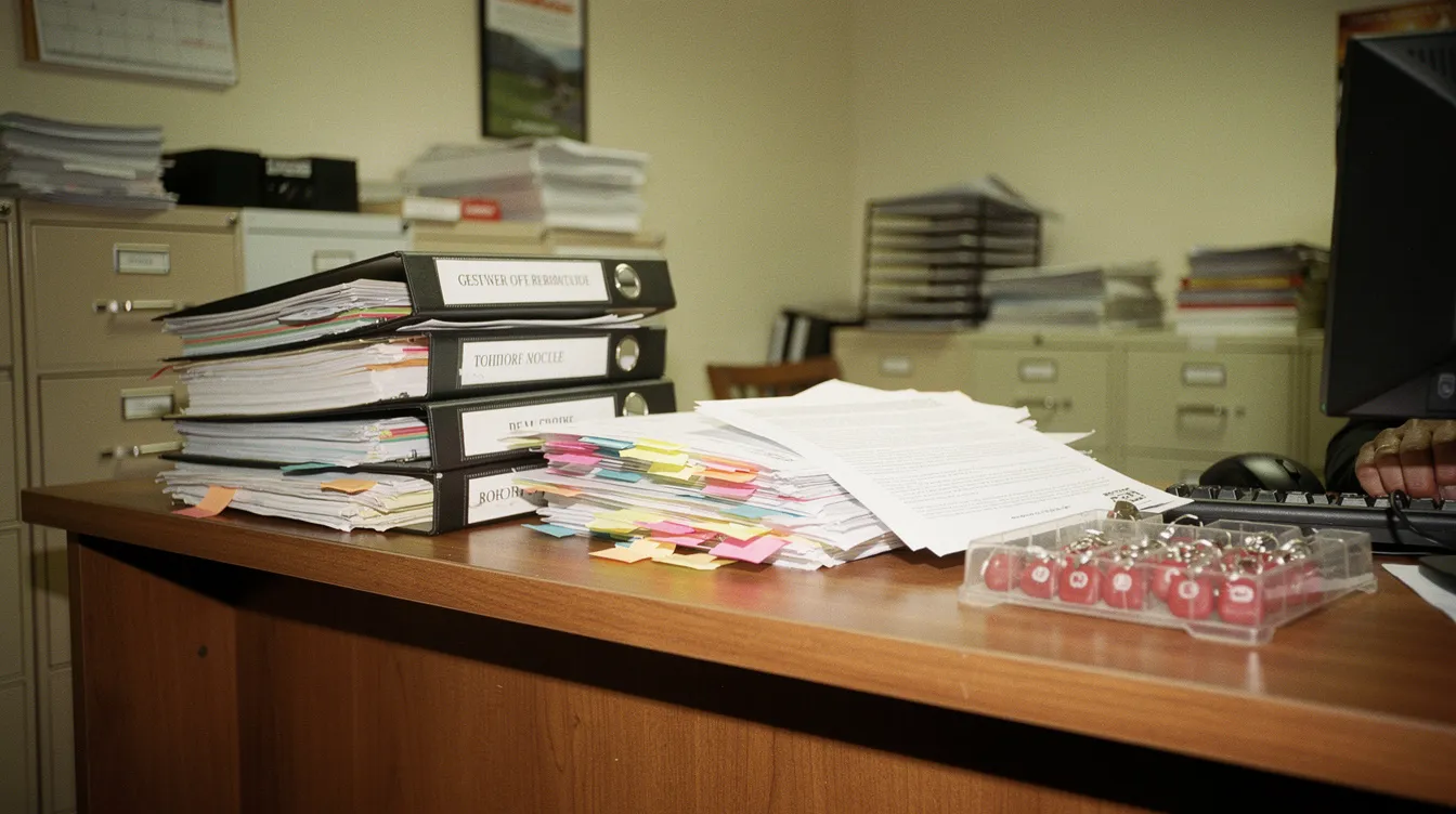Real estate brokerage back office desk with deal binders, tabbed transaction folders, and a tray of lockbox key tags